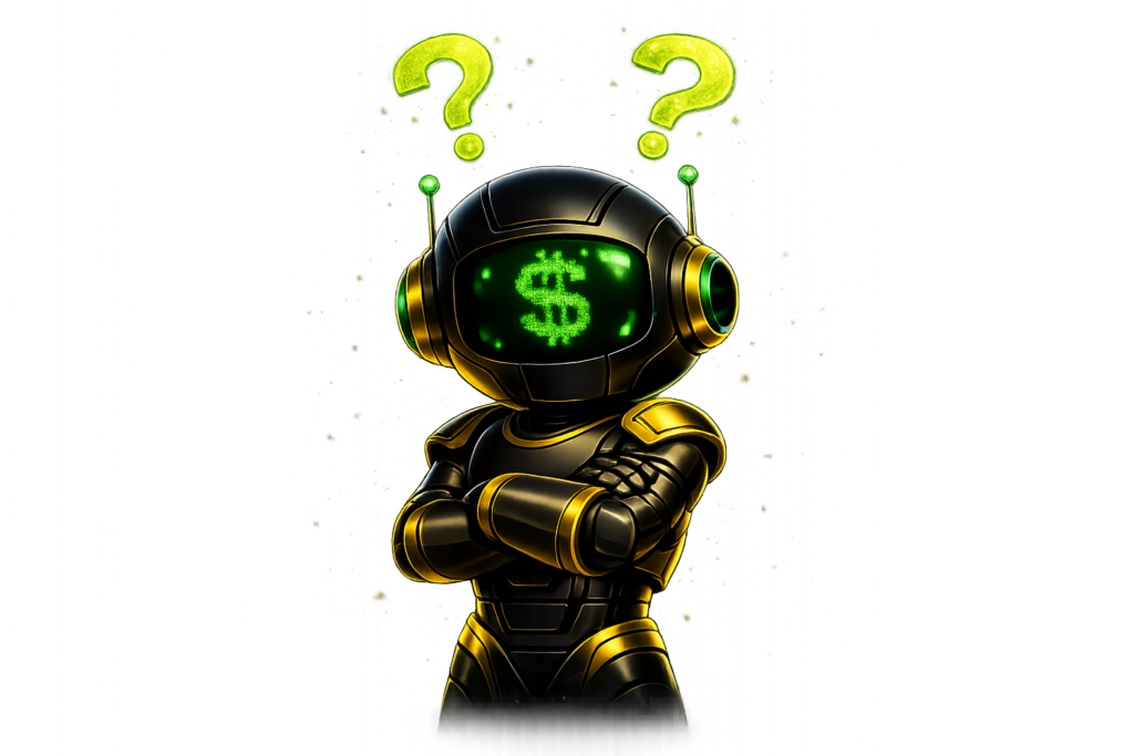 robô dourado com sinais de dúvida
